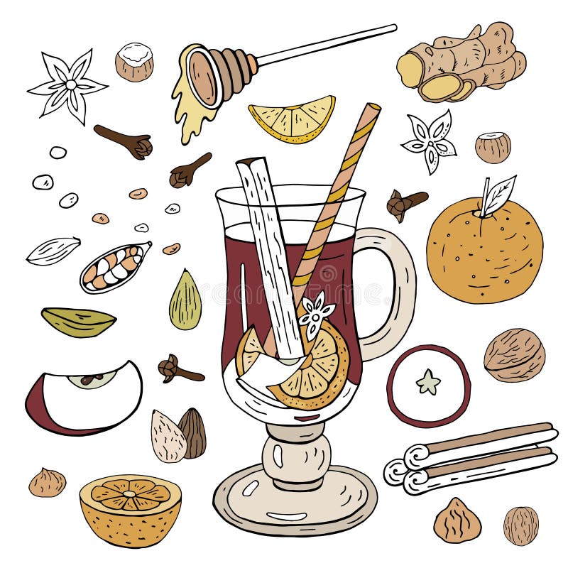 Handdrawn Mulled Wine. Ingredients and Spices for Mulled Wine on a