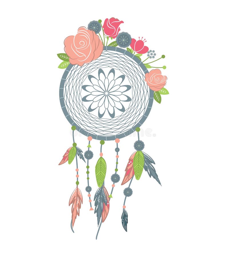 Hand drawn native american dreamcatcher with feathers and colorful flowers. Vector illustration isolated on white