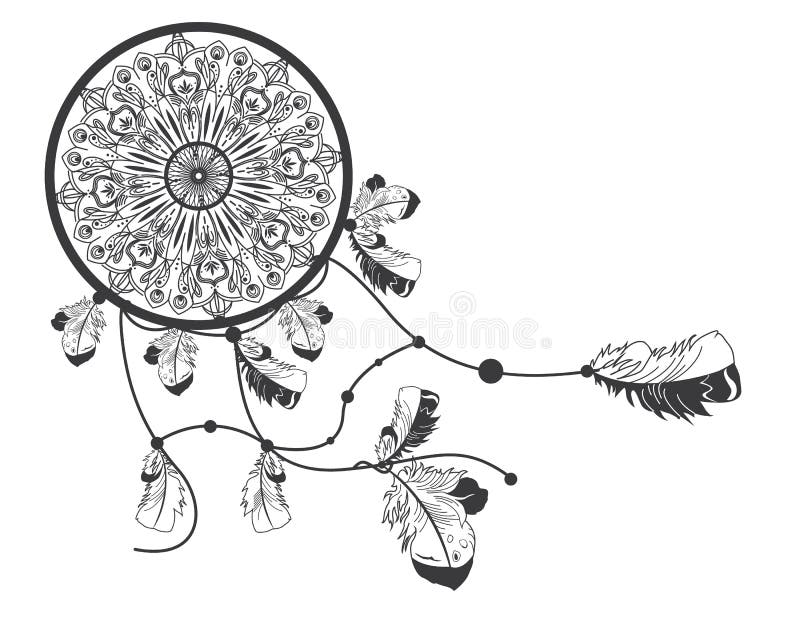 Hand drawn native american dreamcatcher with feathers