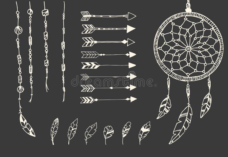 Hand drawn native american feathers, dream catcher, beads and arrows