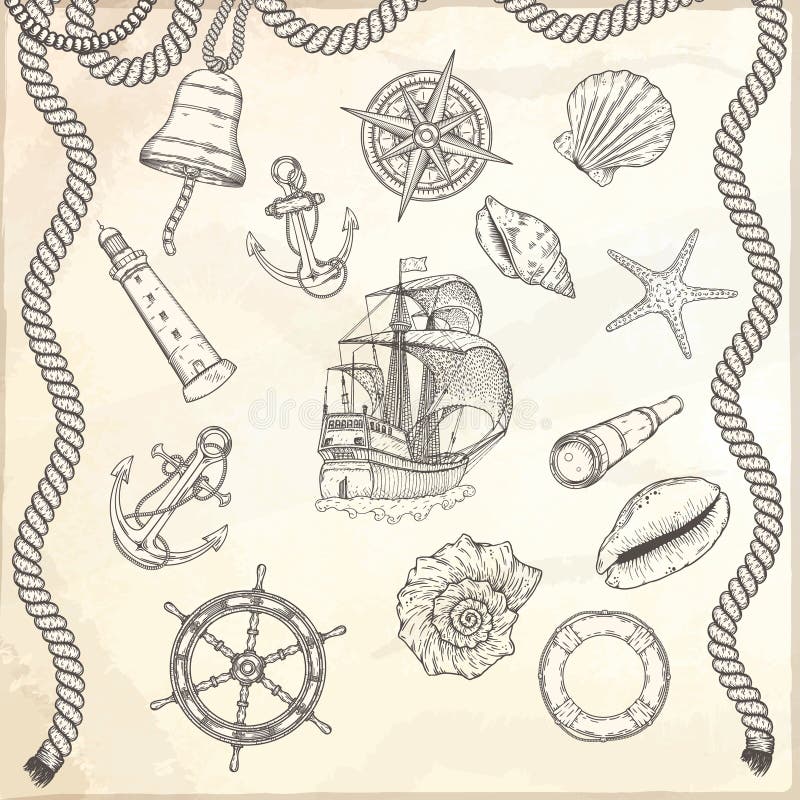 Hand Drawn Nautical Illustrations. Stock Vector - Illustration of ...