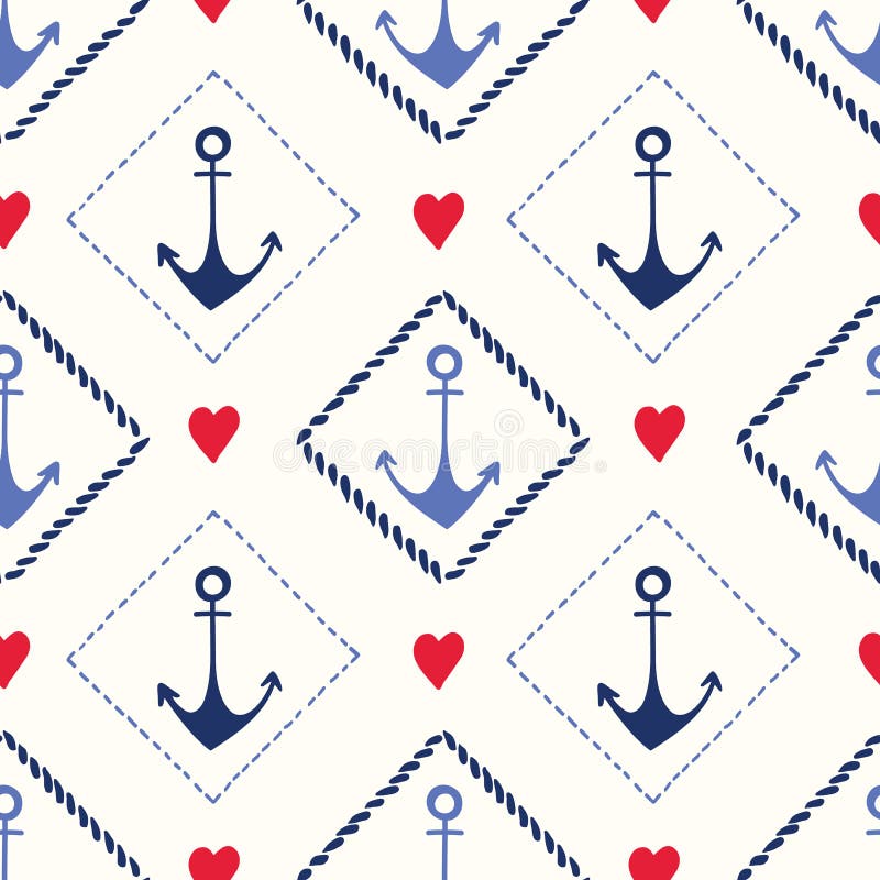 Hand-Drawn Nautical Rope Frames with Anchors and Hearts Vector Seamless Pattern. Marine Background vector illustration