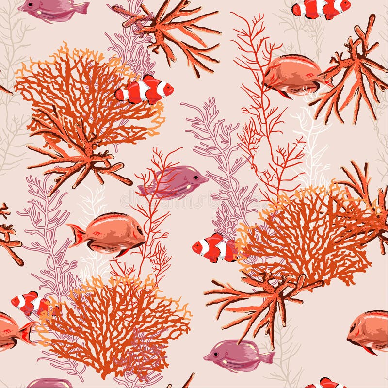 Hand drawn nautical sea treasure animal and coral seamless pattern prints vector design for fashion,fabric,web wallpaper and all prints on retro mood