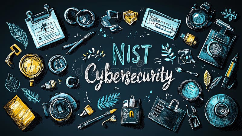 Hand-drawn NIST cybersecurity concept with vintage elements and lettering stock illustration