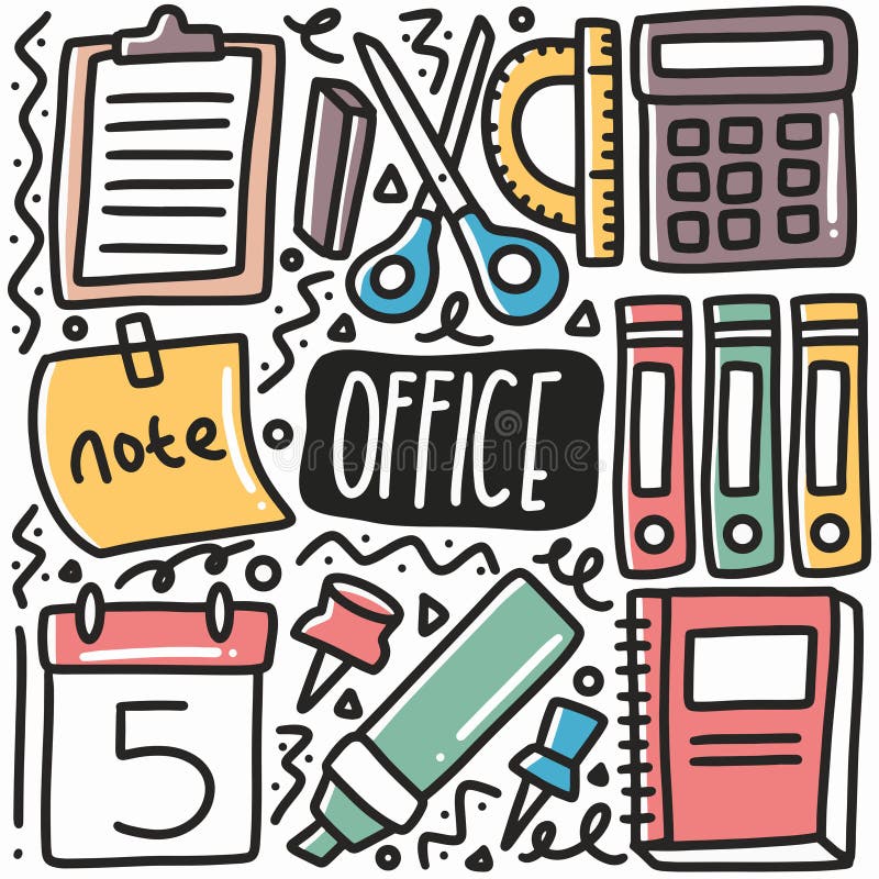 hand drawn office equipment doodle set