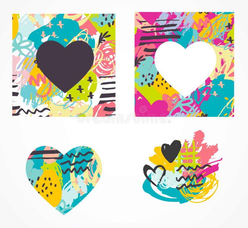 Hand drawn, painted vector colorful heart icons set