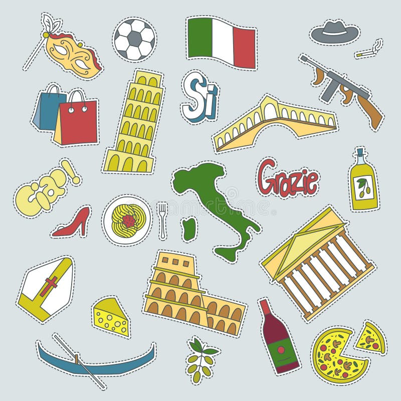 Hand drawn patch badges with Italy symbols - Pisa tower Coliseum mafia carnival theater football wine olive oil pizza