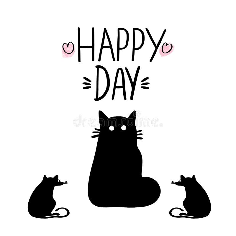 Hand drawn phrase lettering Happy Day and silhouette cat with rats on white background. stock illustration