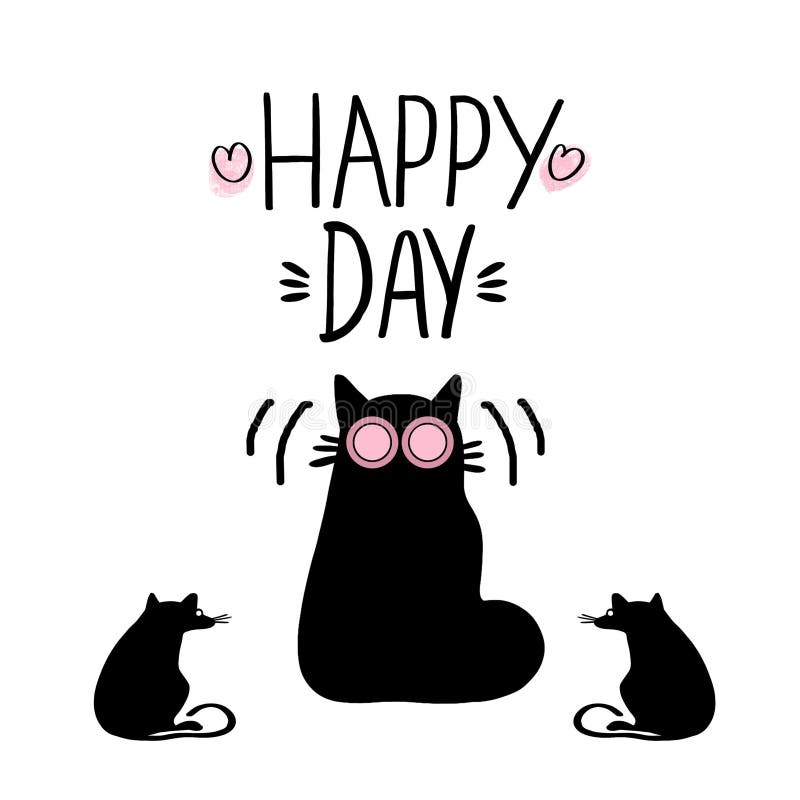 Hand drawn phrase lettering Happy Day and silhouette funny cat with rats on white background. vector illustration