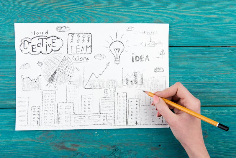 hand drawn picture with city view, diagrams and plan structure stock photos hand drawn picture with city view, diagrams and plan structure stock photos
