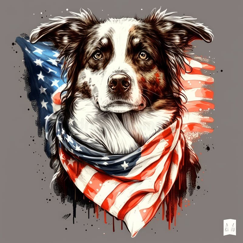 Hand drawn portrait of Border Collie dog with american flag. Generative AI illustration