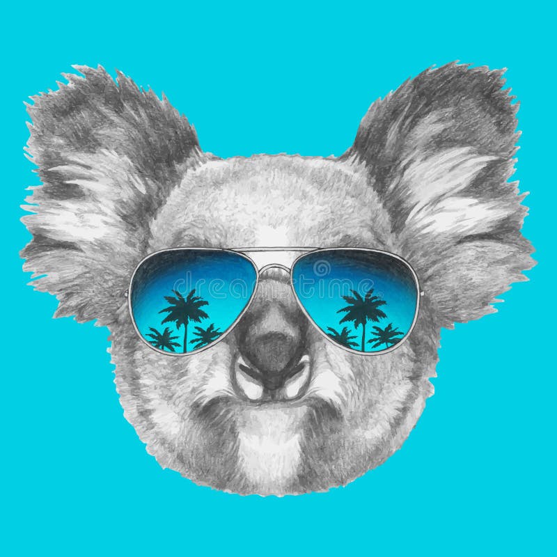 Hand drawn portrait of Koala with mirror sunglasses.