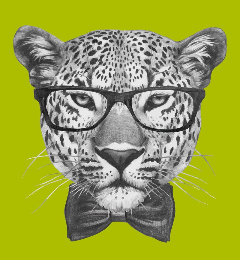 Hand drawn portrait of Leopard with glasses and bow tie.