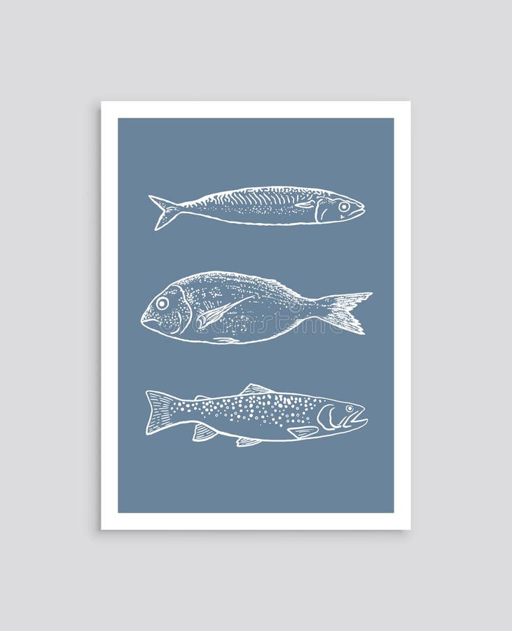 Hand Drawn Poster with Fishes Stock Illustration - Illustration of blue ...