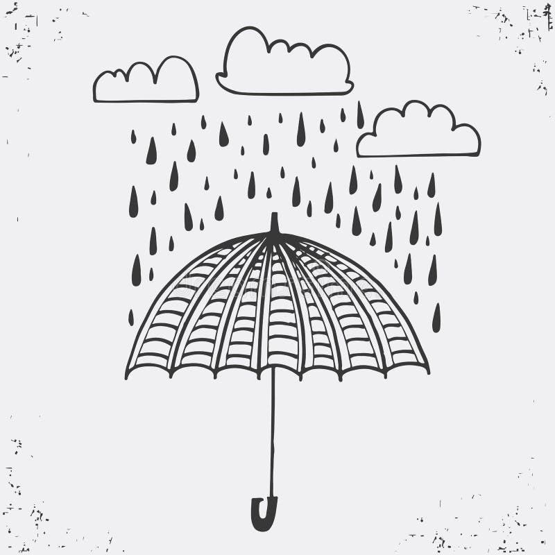 Hand Drawn Poster with Umbrella, Clouds and Raindrops. Stylish ...