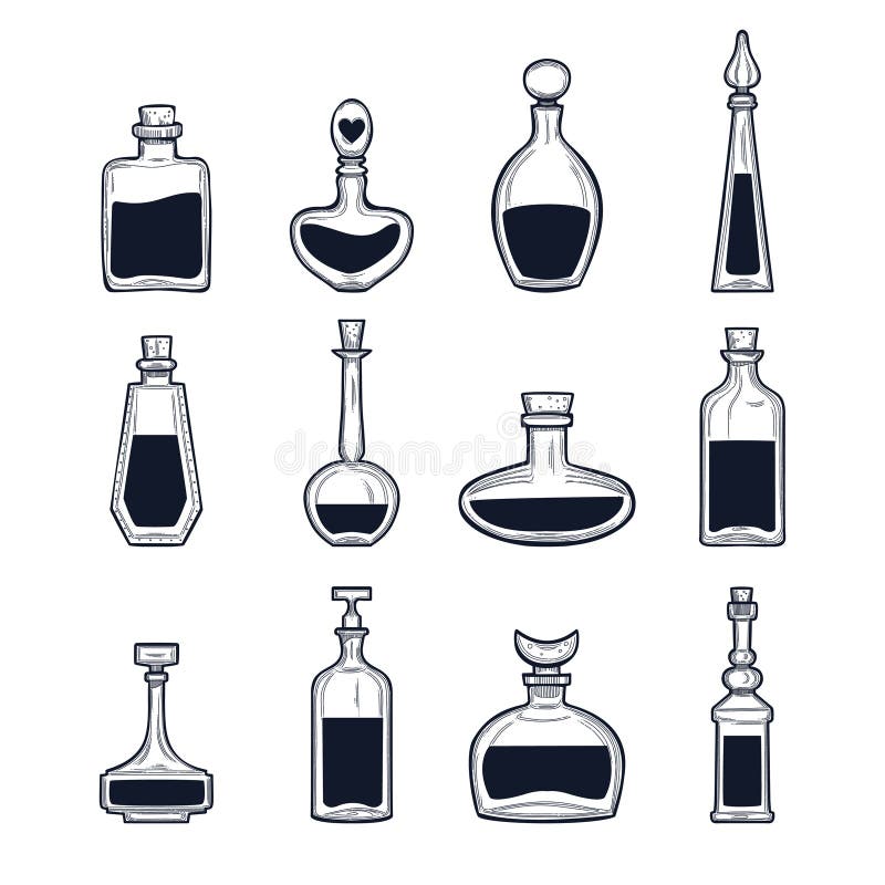 Hand Drawn Potion Bottles Set Stock Vector - Illustration of cork