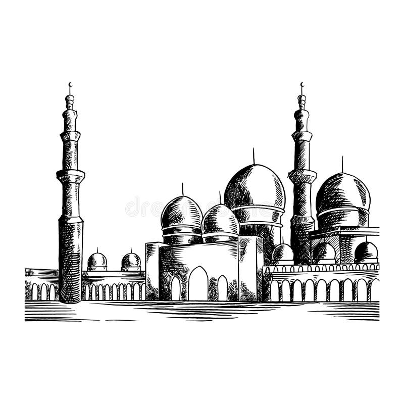 Hand drawn Ramadan Kareem and mosque. Beautiful greeting card design elements. Happy Eid mubarak. Islamic Festival stock illustration