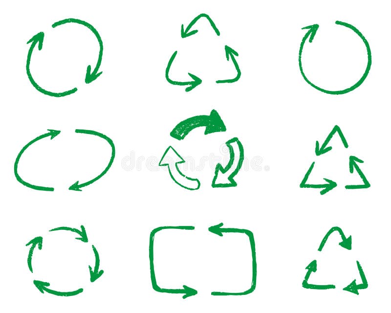 Hand drawn recycle arrows icon set. Crayon and chalk style in green color. Eco friendly sketchy pencil line arrows. Vector vector illustration