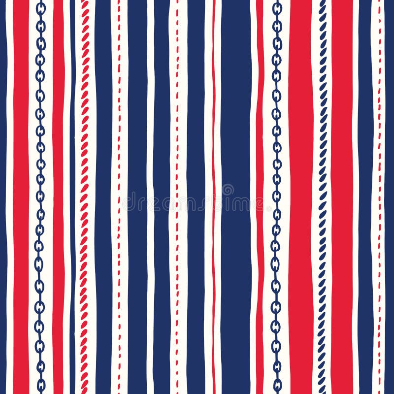 Hand-Drawn Rope and Chains Uneven Vertical Stripes Stripes Vector Seamless Pattern. Red White and Blue Marine Background stock illustration Hand-Drawn Rope and Chains Uneven Vertical Stripes Stripes Vector Seamless Pattern. Red White and Blue Marine Background stock illustration