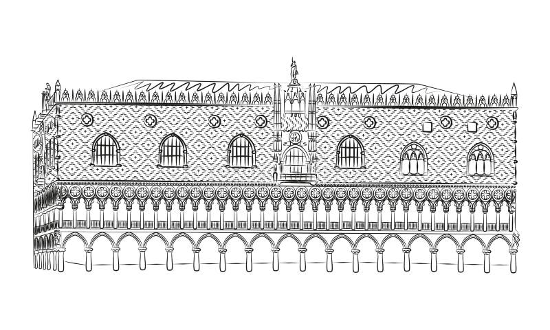 Hand-drawn Rough Black and White Sketch of the Doges Palace in Venice ...