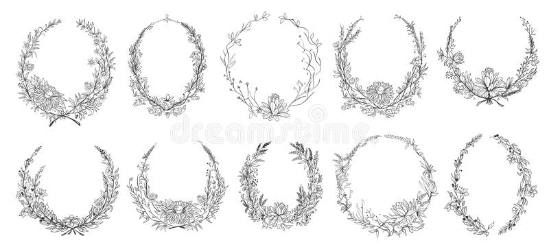 Hand drawn round floral frames. Sketch flower, leaves and branches decoration wreath. Circle flower frame vector set