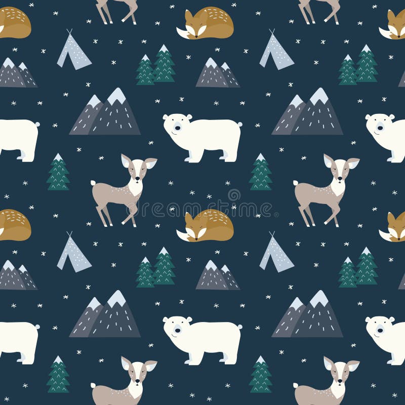 Hand drawn scandinavian animals in the forest, seamless pattern. Scandinavian style traditional motifs. Vector illustration. Backdrop simple landscape vectors