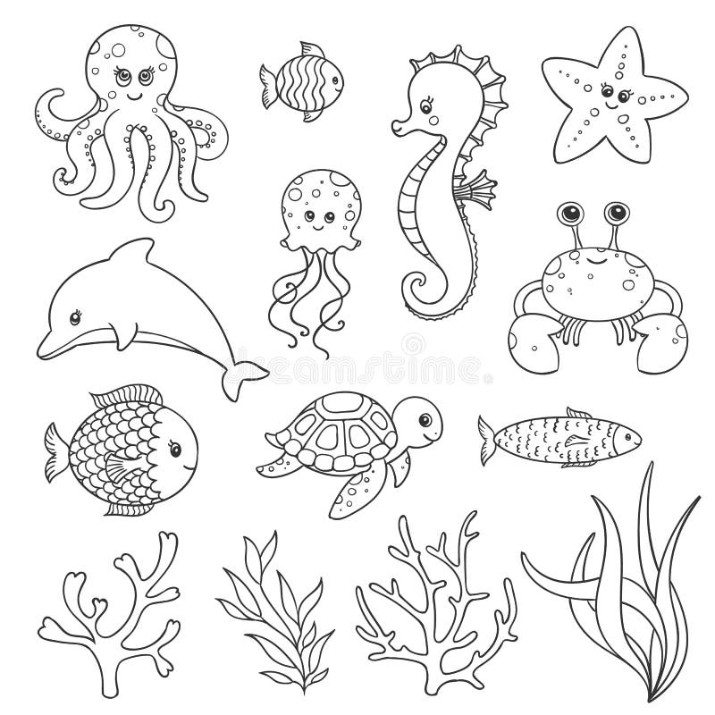 Hand Drawn Sea Life Creatures Stock Illustration - Illustration of