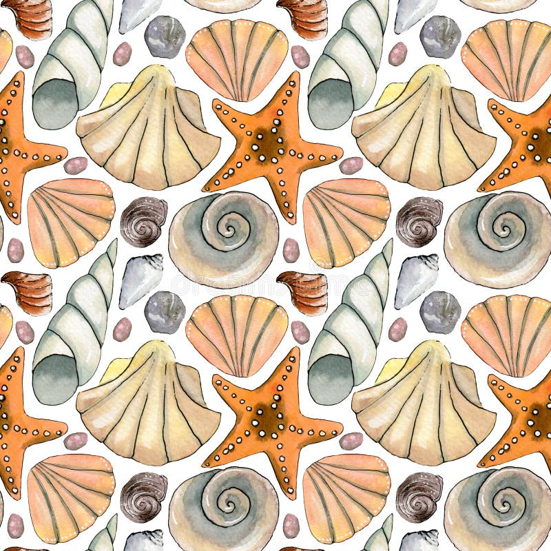 Hand drawn sea seamless pattern with sea shells, starfish,  stones royalty free illustration