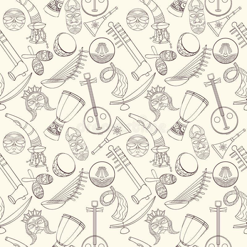 Hand-drawn seamless african music pattern. Vector illustration can be used for wallpaper, website background, wrapping paper. Sketch elements of musical instruments drum, shakers, horn, kora, djembe