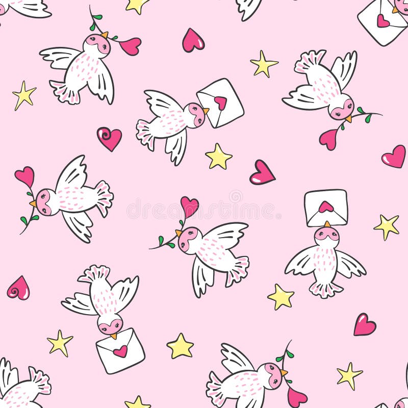Download Hand Drawn Seamless Pattern With Birds And Hearts. Stock Vector - Illustration of cartoon, endless: 108514308