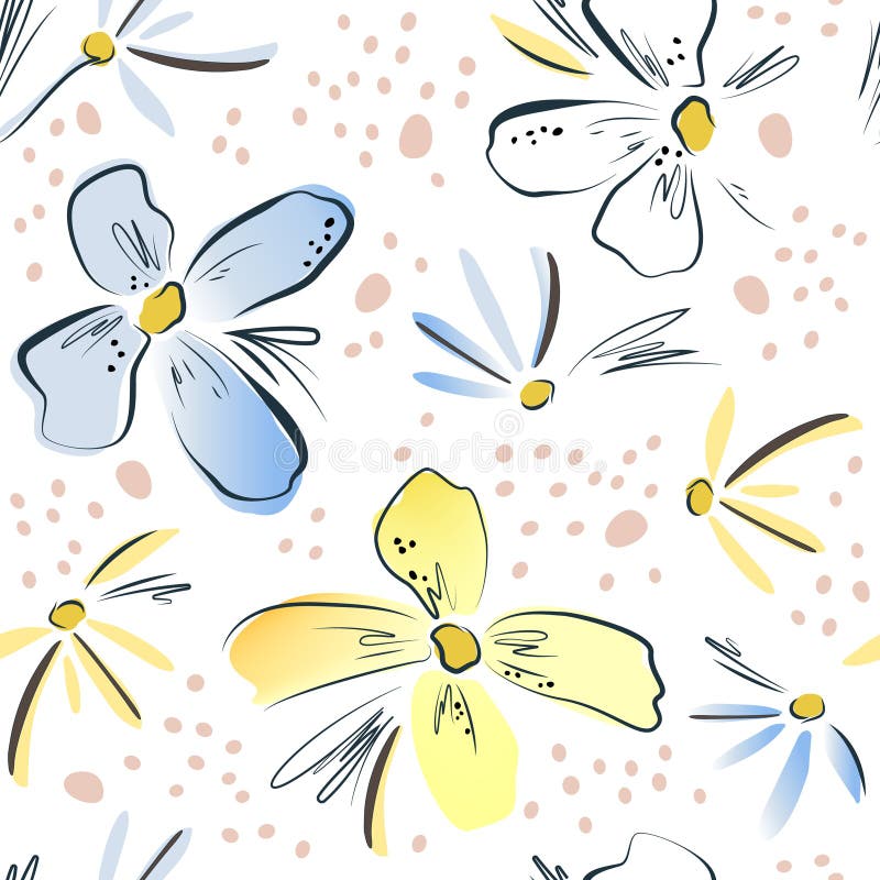 Hand drawn seamless pattern. Botanical abstract flowers contour chamomile flower simple lines, colored petals gradient royalty free illustration