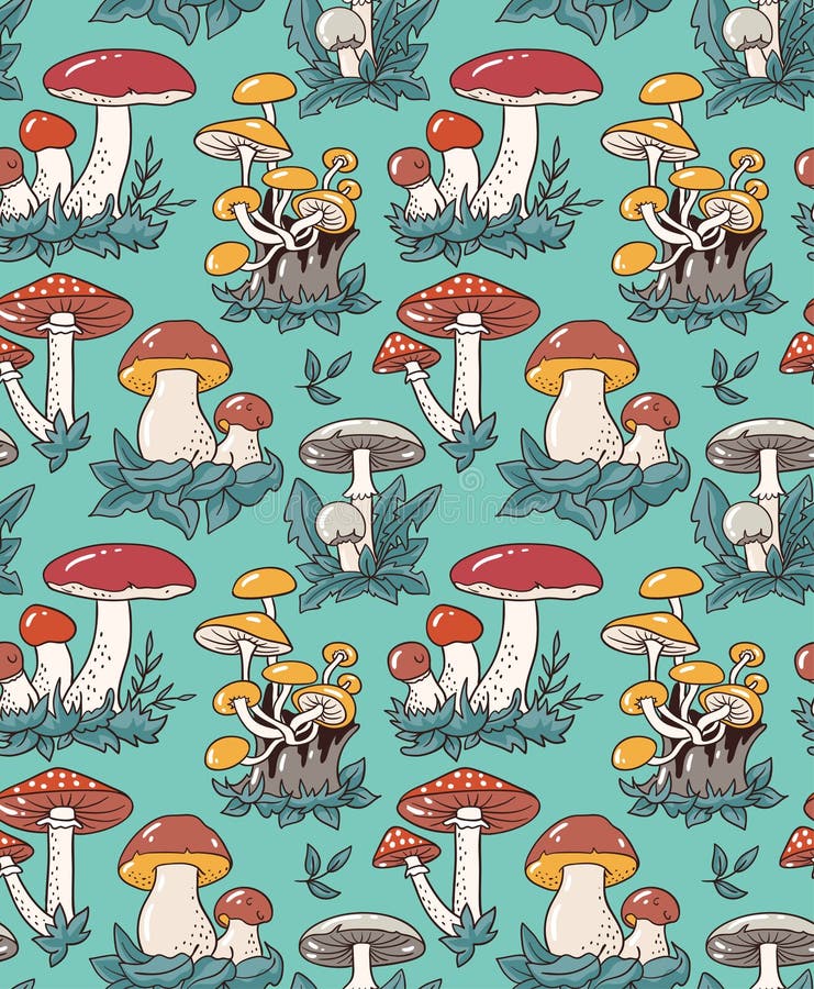 Hand drawn seamless pattern with cartoon mushroom and toadstools. Vector illustration for fabric or wrap paper design.