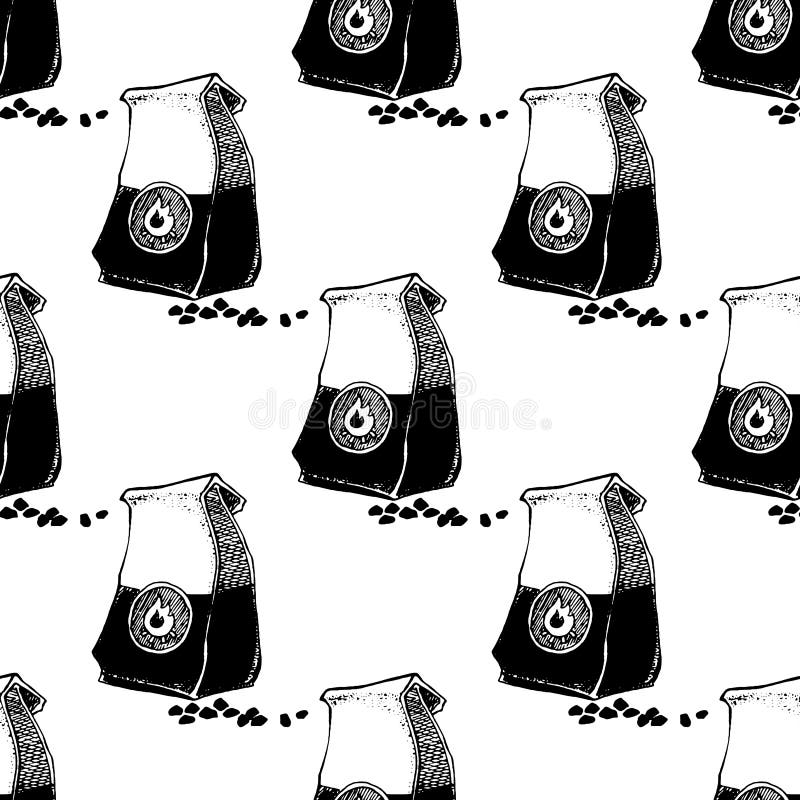Hand Drawn Seamless Pattern of Charcoal Paper Bag with Charcoal Pieces