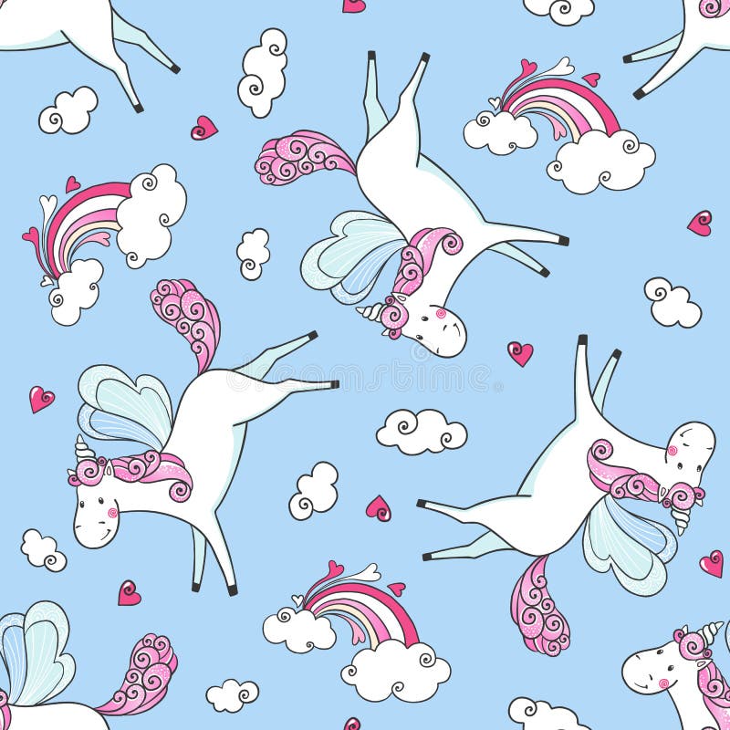 Hand Drawn Seamless Pattern with Cute Unicorns. Stock Vector ...