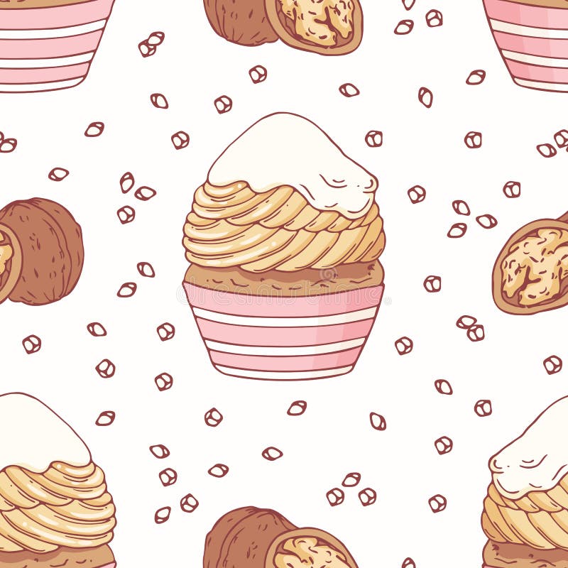 Hand drawn seamless pattern with doodle cupcake, walnut and buttercream. Food background royalty free illustration Hand drawn seamless pattern with doodle cupcake, walnut and buttercream. Food background royalty free illustration