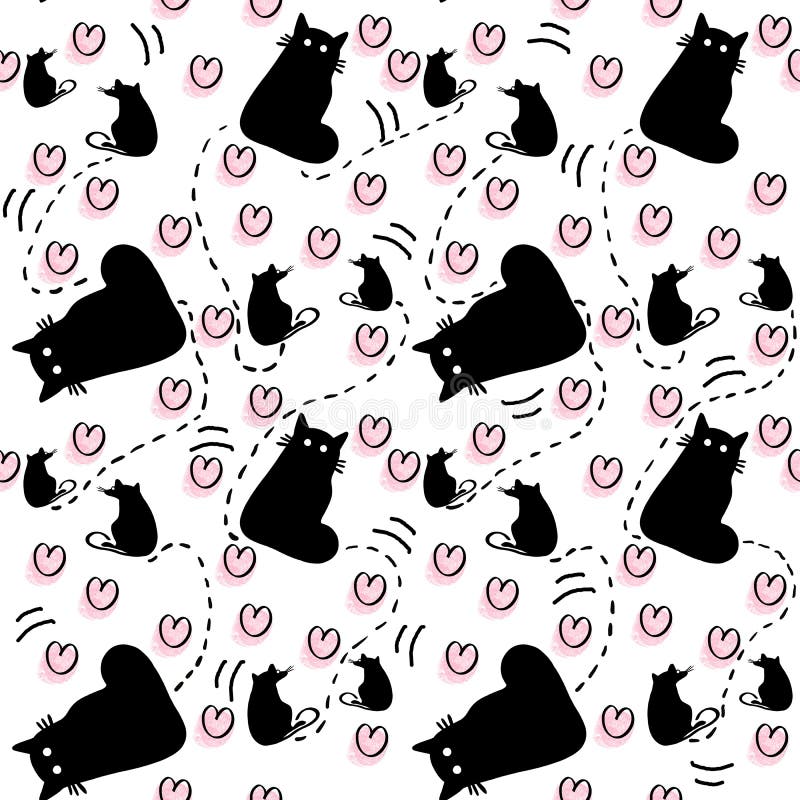 Hand drawn seamless pattern of silhouette cats with rats and pink hearts on white background. royalty free illustration