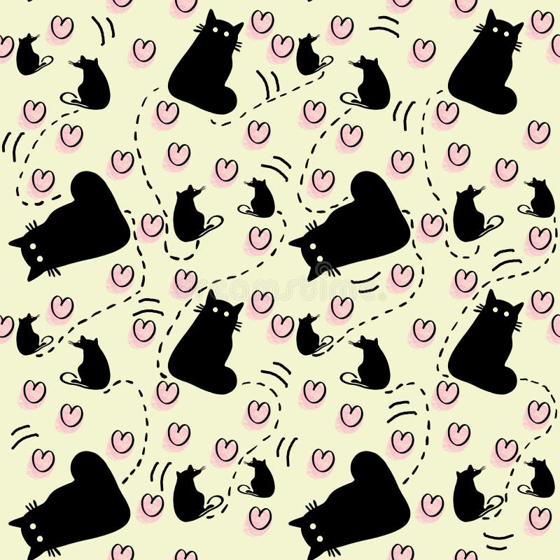 Hand drawn seamless pattern of silhouette cats with rats and pink hearts on yellow background. royalty free illustration