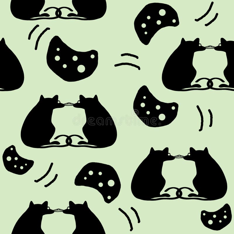 Hand drawn seamless pattern of silhouette cheeses and rats on green background. stock illustration