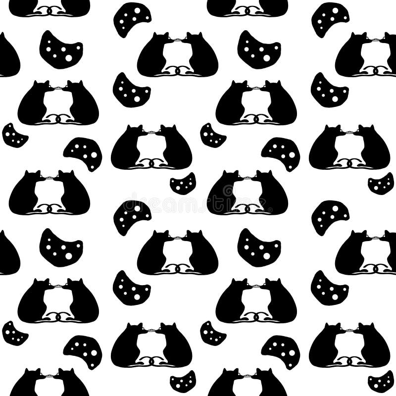 Hand drawn seamless pattern of silhouette cheeses and rats on white background. vector illustration