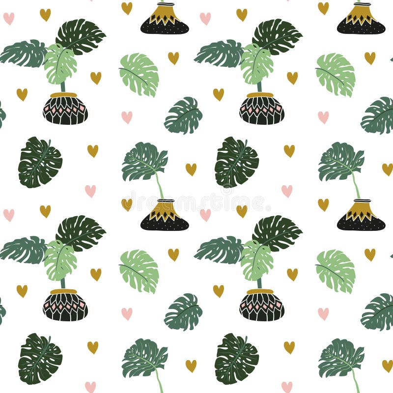 Hand drawn seamless pattern with tropical house plants and hearts. Scandinavian style vector illustration.