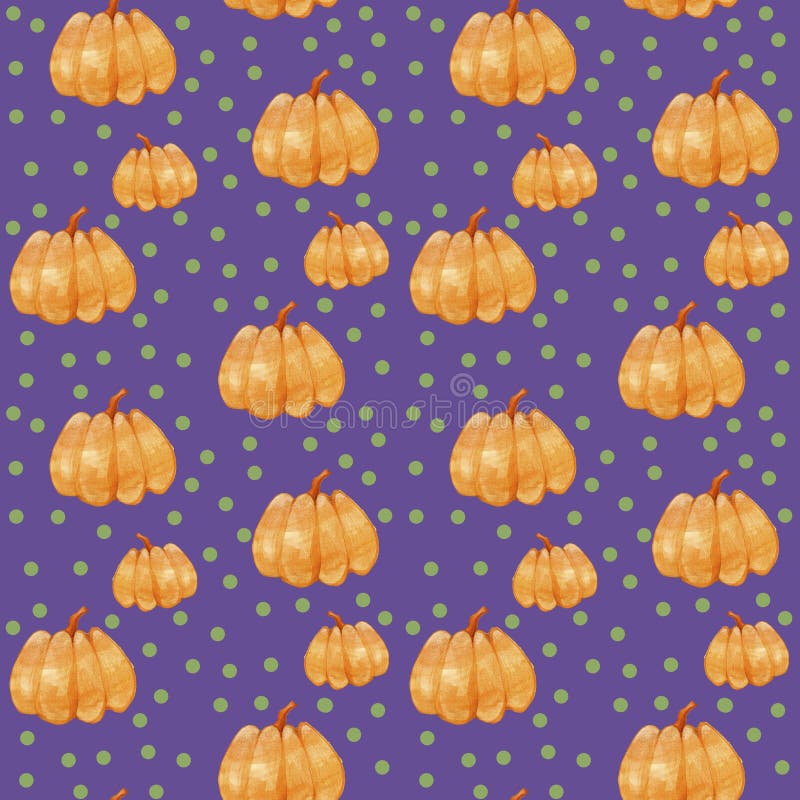 Hand drawn seamless pattern watercolor orange pumpkin with green circle isolated on violet background. vector illustration Hand drawn seamless pattern watercolor orange pumpkin with green circle isolated on violet background. vector illustration