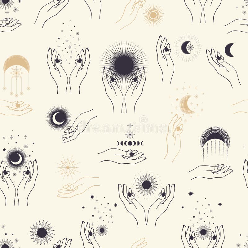 Hand drawn seamless pattern of woman`s hands with mystical Sun, Moon, stars in line art. Magic talisman, antique style, boho.