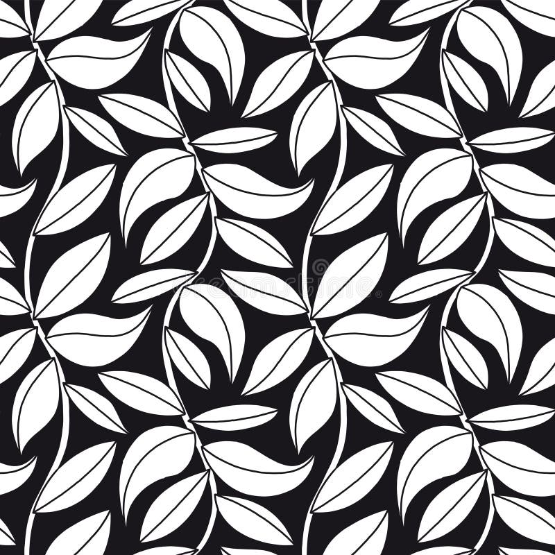Hand Drawn Seamless Simple Black and White Leaves Pattern Stock Vector
