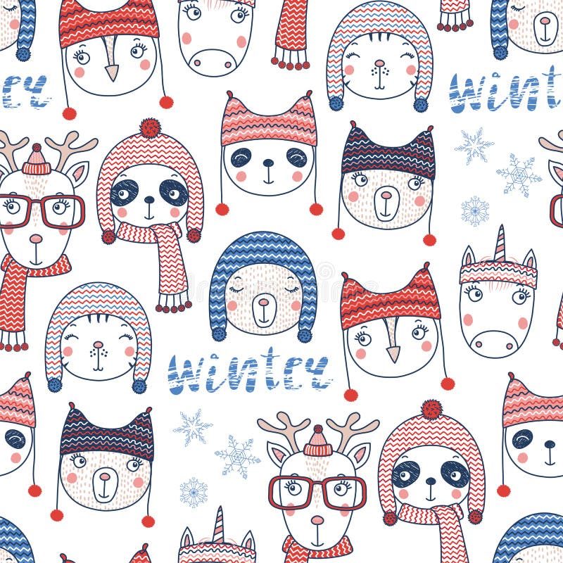 Cute winter animals seamless pattern stock illustration