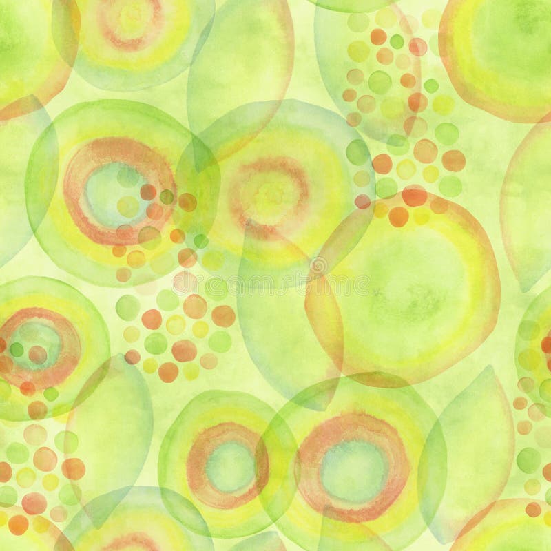 Hand drawn seamless watercolor repeat pattern with circles and triangles. A lawn green, lime color background. Watercolour brush