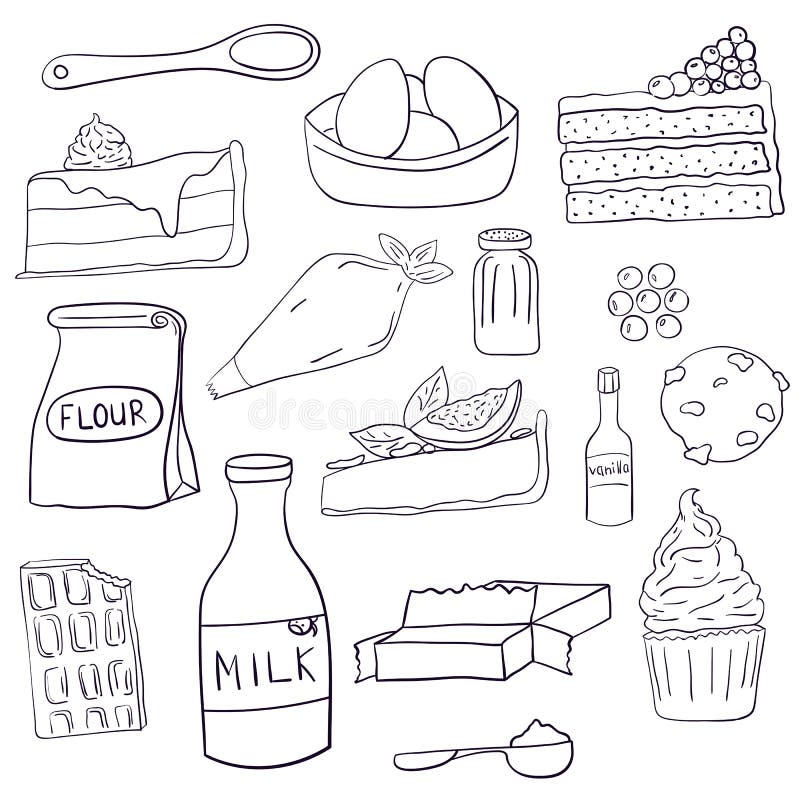 Hand Drawn Set of Baking Ingredients and Desserts. Cake, Chocolate and