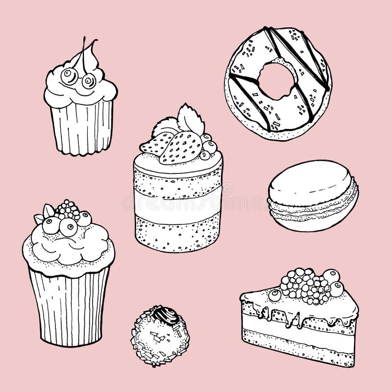 Hand drawn set of cakes, donut, macaroon, candy, muffins on pink background. royalty free illustration Hand drawn set of cakes, donut, macaroon, candy, muffins on pink background. royalty free illustration