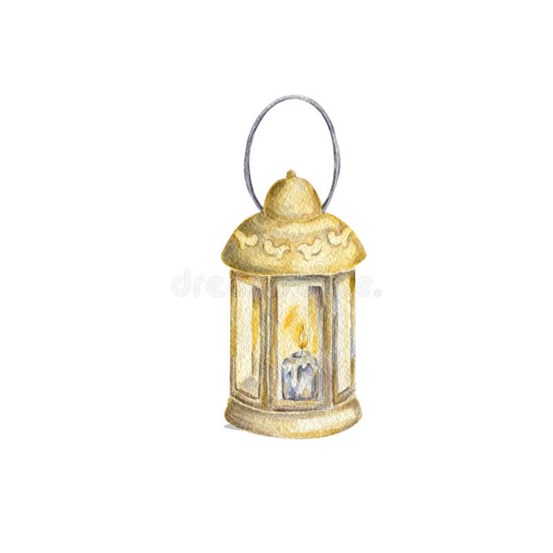 Watercolor old lamp, painting drawing bright old fashioned hand flashlight. Kerosene lamp or candle houses old lamp