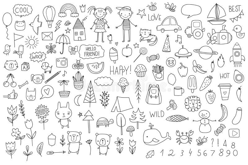 Hand Drawn Set of Cute Doodles for Kid Stock Vector - Illustration of ...