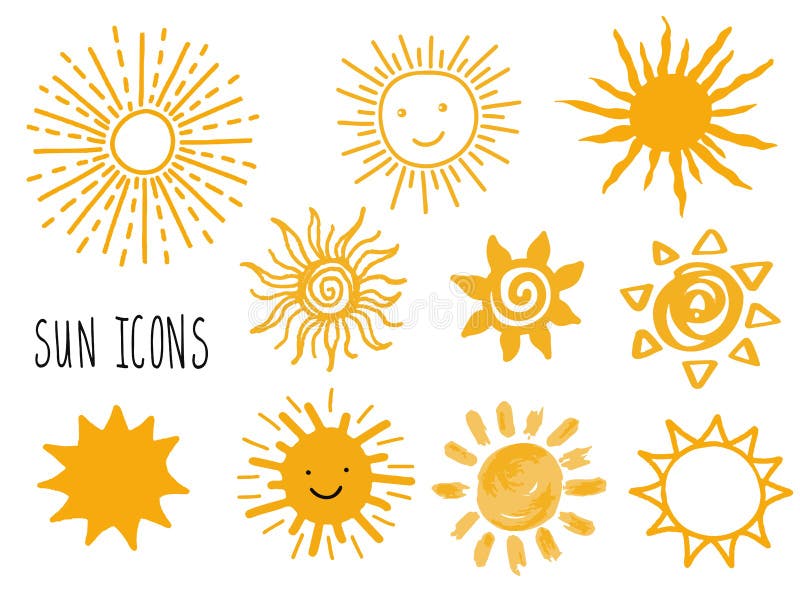 Hand drawn set of different suns icons isolated on white.